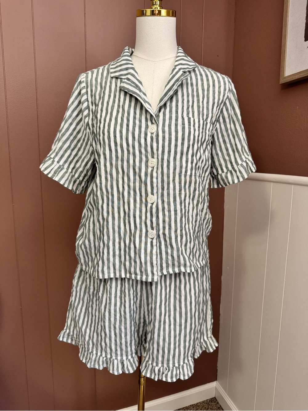 Ivy City Co Striped Ruffled Hem Cotton Button Down Shirt and Shorts Set